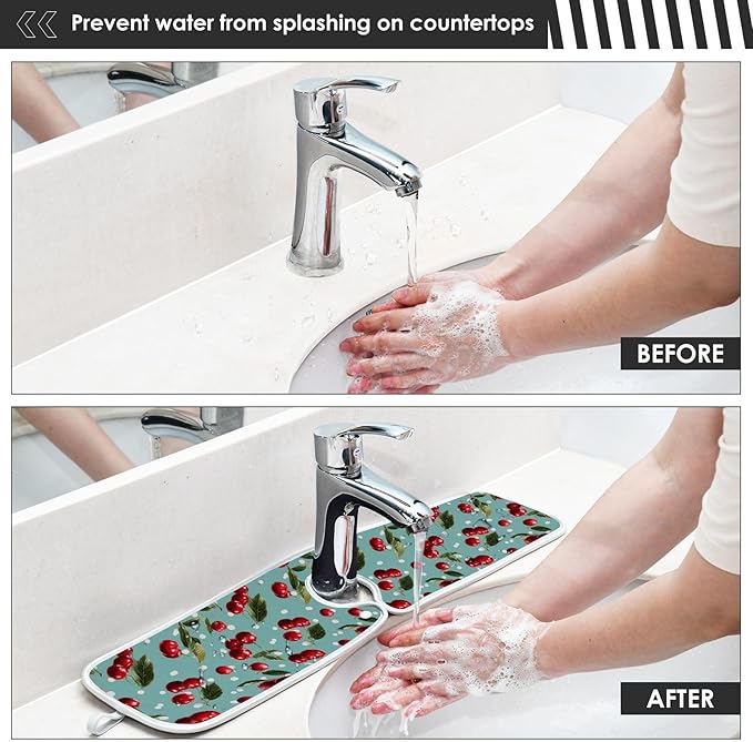 2 PCS Kitchen Sink Splash Guard 30 Inch Faucet Mat for Kitchen Sink Bathroom Sink Faucet Absorbing Drip Drain Mat Pad Microfiber Soft Washable Green Blue Cherry and Polka Dots