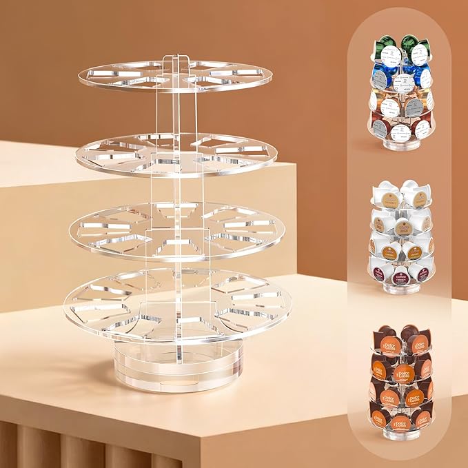 Crystal Clear Acrylic Coffee Pods Holder Carousel Compatible with 30 Nespresso Vertuo Capsules And Keurig K-cup Pods, Space-Saving Coffee Pod Storage Organizer for Small Countertop