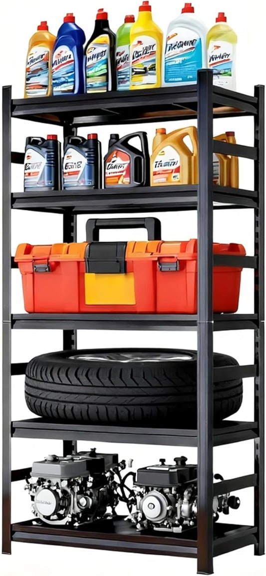 Adjustable Heavy Duty Metal Garage Shelving Unit with Fence, 5-Tier Storage Rack for Garage, Basement, or Warehouse, Durable Steel Shelves for Tools & Equipment, 63" H x 32" W x 16" D, Black