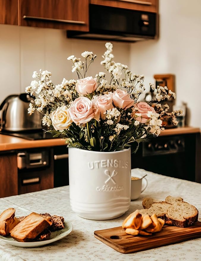 AISBUGUR Large Ceramic Utensil Holder: 7.5" H×6.3" W with Slanted Mouth - Utensil Crock with Non-Slip Cork Base for Kitchen Counter, Ideal for Decor & Gift, White