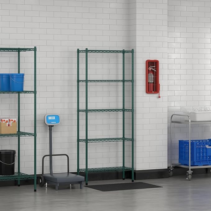 Commercial NSF Listed Green Epoxy Stationary Wire Shelving Kit 12" x 30" x 74", with 5 Shelves Perfect for Warehouse, Walk-in Refrigerator, Freezer, Grocery Store, Restaurant, Dishroom