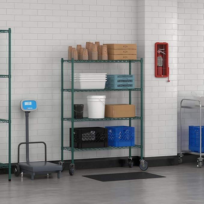 Commercial NSF Listed Green Epoxy Mobile Wire Shelving Kit 14" x 42" x 60", with 4 Shelves Perfect for Warehouse, Walk-in Refrigerator, Freezer, Grocery Store, Restaurant, Dishroom