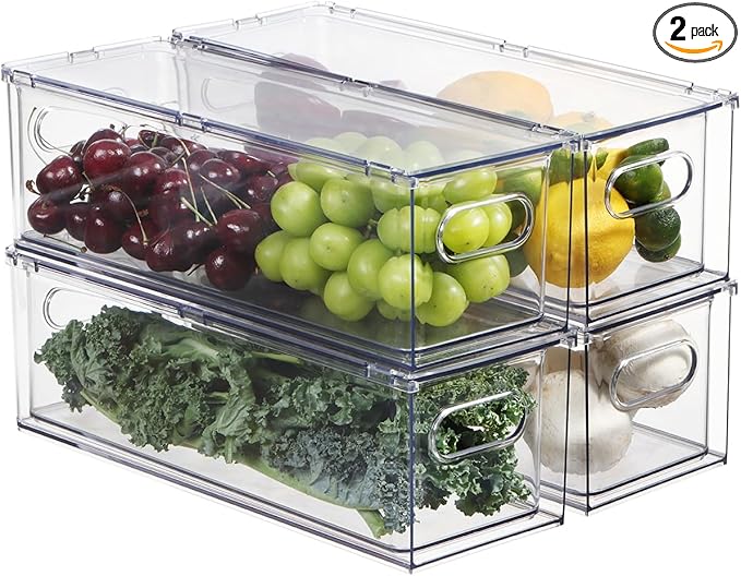 Bronkeeper Fridge Drawer Pull Out Stackable Bins, Clear Refrigerator Stackable Organizers, Fridge Organizer Storage for Kitchen, Pantry, Vegetables, Fruits (4 Small)