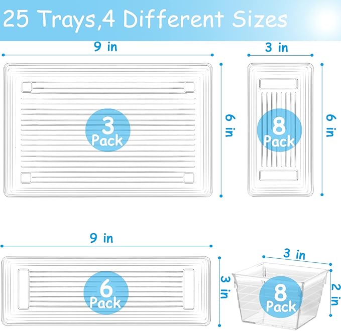 DCA 25 PCS Clear Plastic Drawer Organizer Tray, Bathroom Organizers and Storage Bins for Makeup, Kitchen Utensils, Jewelries, Gadgets, Office Desk
