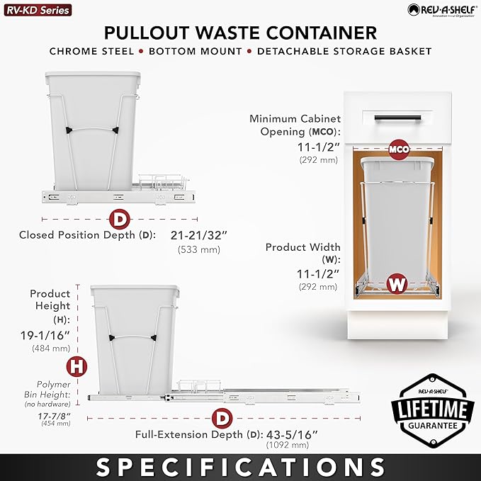 Rev-A-Shelf Pullout Trash Can for Kitchen Cabinets 35 Qt Garbage Waste Recyling Bin with Full Extension Slides, Red, RV-12KD-16C-S
