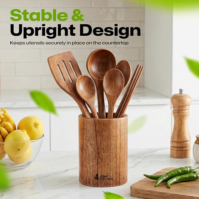 AIUHI Wood Utensil Holder for Kitchen Counter, Wooden Utensil Crock, Kitchen Utensil Organizer, 5.9"x 4.3" Large Spatula and Spoon Holders