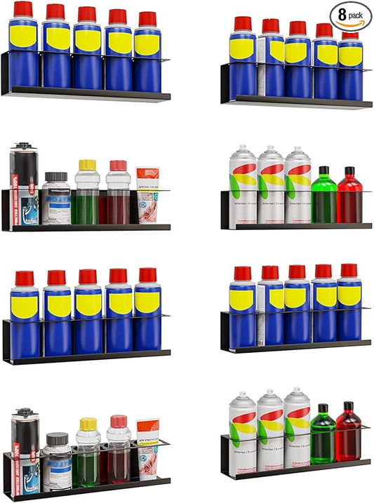 8 Pack Spray Bottle Holder Wall-Mounted, Aerosol Spray Can Holder Storage Rack, Heavy-Duty Paint Bottle Organizer with 40 Holes, Steel Black Spray Rack for Garage, Shop, Home or Tool Trailer