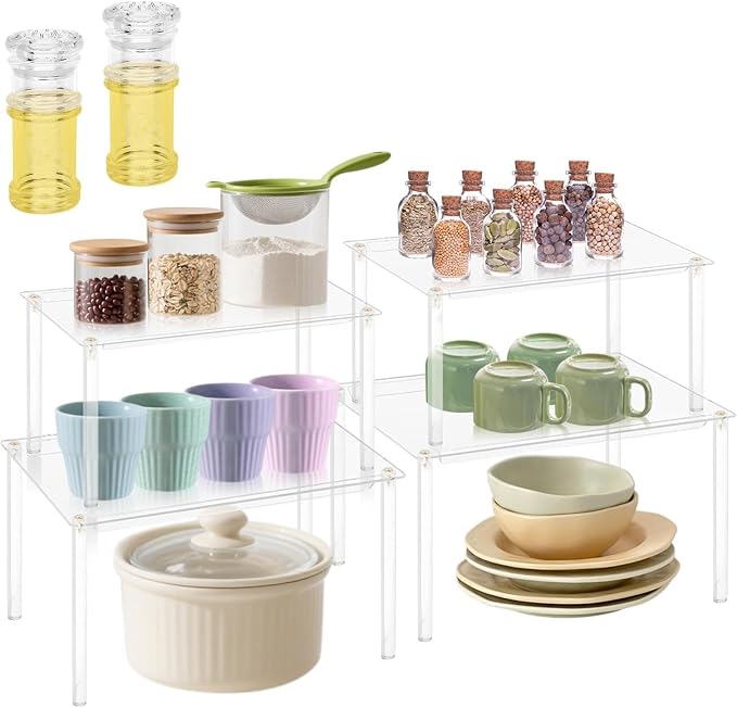 4Pack Clear Cabinet Organizer,Acrylic Shelf Riser for Dish Organizer,Clear Acrylic Shelves Riser Stackable Cabinet Risers for Counter, Pantry Organization and Storage