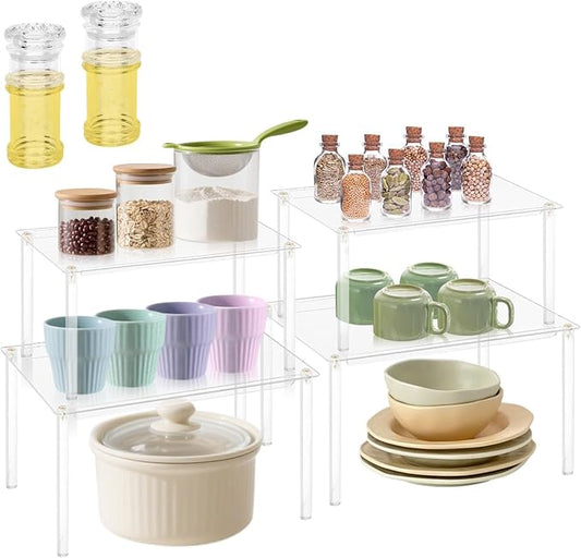 4Pack Clear Cabinet Organizer,Acrylic Shelf Riser for Dish Organizer,Clear Acrylic Shelves Riser Stackable Cabinet Risers for Counter, Pantry Organization and Storage