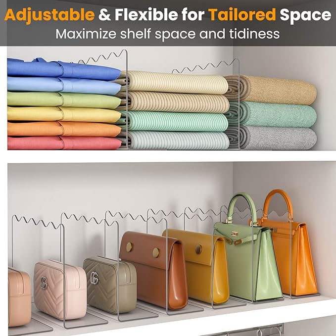 OKPOW Shelf Dividers for Closet Organization - 10" Tall X 12" Deep Acrylic Clear Separators for Clothes Purse - Vertical Wood Cabinet Shelf Divider Handbag Storage for Sweater Organizer Wife 4 Pack