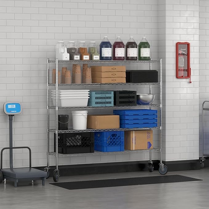 Commercial NSF Listed Chrome Mobile Wire Shelving Kit 12" x 60" x 60", with 5 Shelves Perfect for Warehouse, Walk-in Refrigerator, Freezer, Grocery Store, Restaurant, Dishroom