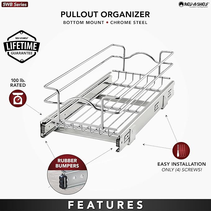 Rev-A-Shelf Kitchen Cabinet Pullout Shelf and Drawer Organizer Slide Out Pantry Storage Basket in Multiple Sizes, 8.5 x 18 In, 5WB1-0918CR-1