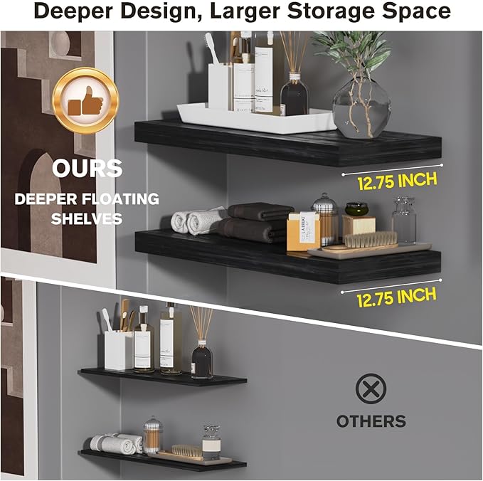JPND Floating Shelf, Set of 3 Wall Shelf, 36 in W x 12.75 in D x 2 in H Wooden Floating Wall Shelf with Invisible Brackets for Living Room/Bedroom/Bathroom/Kitchen Storage and Decor, Black Wood