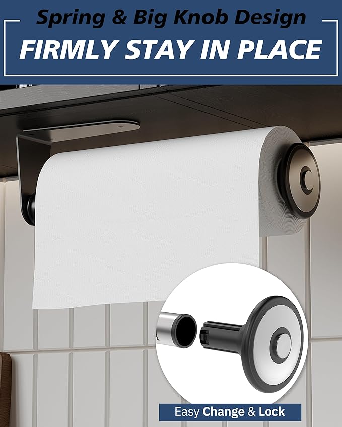 Paper Towel Holder for Kitchen, Paper Towels Bulk- Self-Adhesive Under Cabinet，Self-Adhesive or Drilled Wall Mount,Stainless Steel, Single Hand Operable(Matte Black)