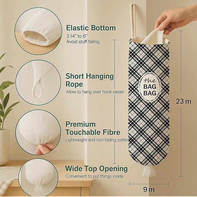 The Bag Bag Grocery Bags Holder, Black White Buffalo Check Plaid Grocery Bags Holder Organizer For Shopping Sack, Reusable Hanging Plastic Sack Dispenser, Plastic Sacks Storage Container Dispenser