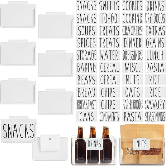 Talented Kitchen Storage Bin & Pantry Labels with Clip-On Holders - 3.5 x 2.5 in White Metal, 8 Clips & 40 Vinyl Tags - Kitchen Shelf Labels