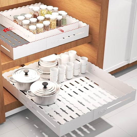 Pull Out Cabinet Organizer, Expandable Width 12"-18" Depth 13"-23" with 3 Slide Rails, No Drill Adhesive Pull Out Drawers for Kitchen and Pantry Cabinets, for Both Lip and Lip-Free Cabinets, White