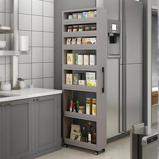 7 Tier Standing-Shelf with Wheels, 5.9/7.9/9.8'', Wooden Slim Storage Cart, Thickened Plate, Scratch-Resistant and Wear-Resistant, for Home, Kitchen, Bakers, Closet, Pantry, Dining Room