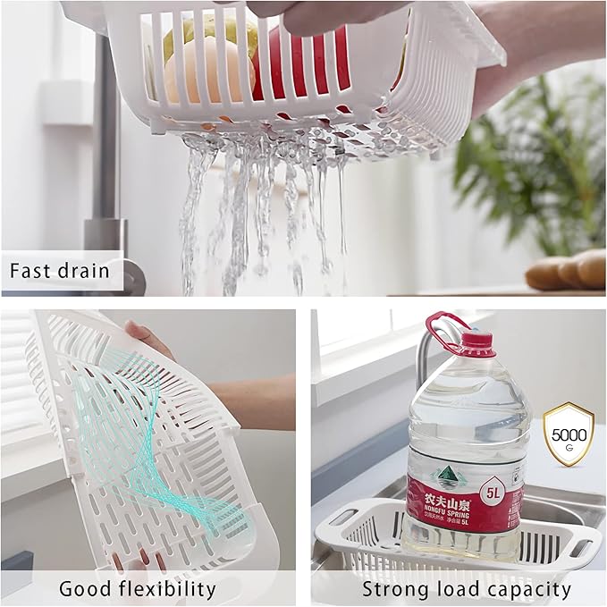 MineSign Extendable Over the Sink Colander Fruits and Vegetables Drain Basket Adjustable Strainer Sink Washing Basket for Kitchen (White)