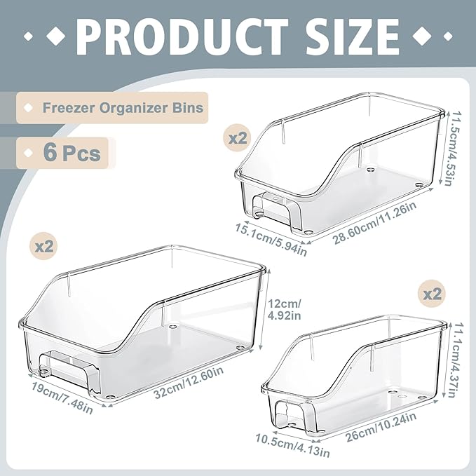 LemonRoad 6 Packs Clear Freezer Organizers and Storage Bins with Handle, Stackable Open Front Pantry Organizer Bins for Bathroom, Kitchen, Refrigerator, Pantry, Cabinet, Closet