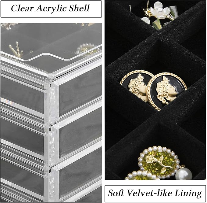 misaya Earring Jewelry Organizer with 5 Drawers, Birthday Present, Clear Acrylic Jewelry Box for Women, Velvet Earring Display Holder for Earrings Ring Bracelet Necklace, Black