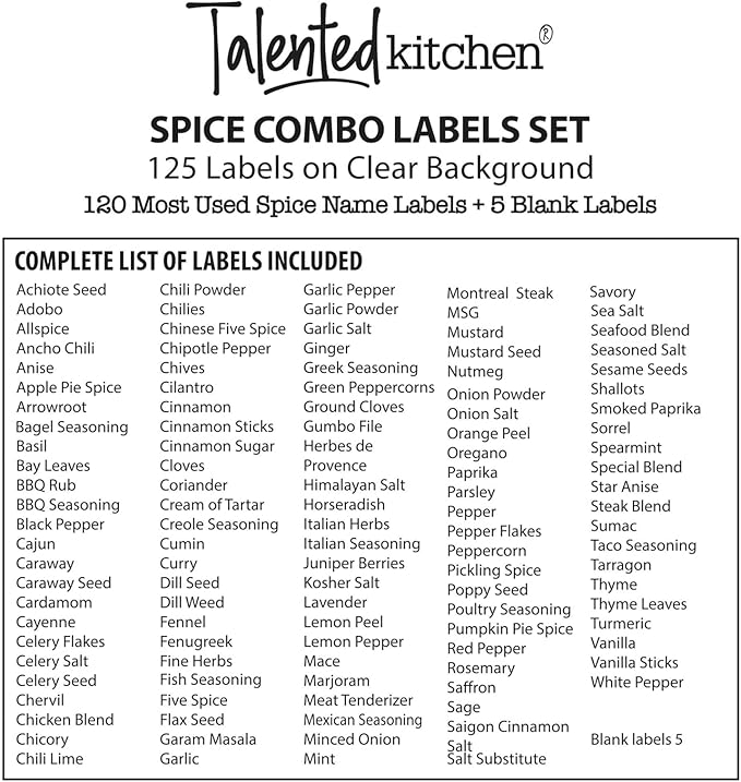 Talented Kitchen Spice Labels Stickers for Jars & Lids - 125-Pack Black Rectangular 1.57 x 0.47 in - Pre-Made & Blank Herb, Seasoning & Spice Jar Labels - Waterproof Adhesive for Kitchen Organization