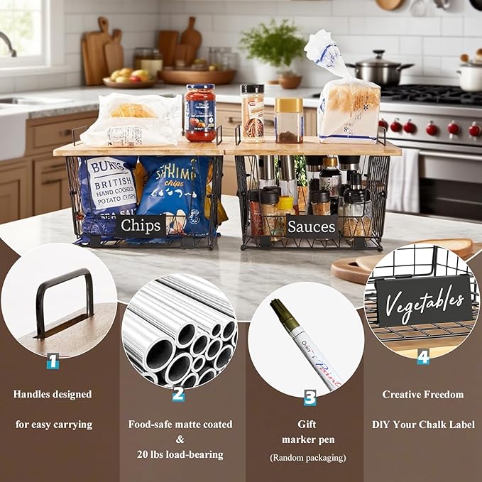 【XXL Big Size】 2 Pack Stackable Wire Storage Baskets with Wood Lid- Kitchen Countertop Organizer for Fruit Vegetable -Large Metal Bin for Pantry Organization and Storage, Black