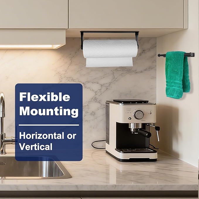 Black Paper Towel Holder Under Cabinet, Adhesive Paper Towel Holder Wall Mount Toilet Roll Holders Rack for Kitchen Bathroom Garage Counter, Anti-Drop Upgraded Telescopic Rod Design Roll