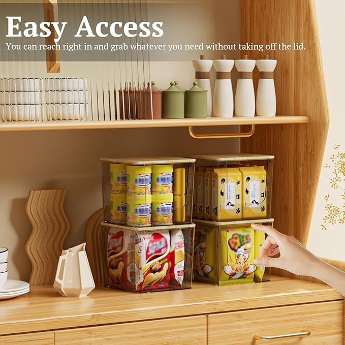2 Pack Stackable Pantry Kitchen Counter Organizer, Food Storage Containers with Bamboo Lids, or Plastic Storage Bins for Onion, Patato, Snack, Vegetables, Face Towel (Clear)