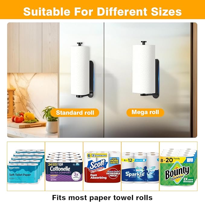 Magnetic Paper Towel Holder for Fridge, One Hand Tear RV Paper Towel Holder with Ratchet Mechanism, Self-Adhesive & Wall Mount for Refrigerator, Kitchen, Grill, Garage (Matte Black)