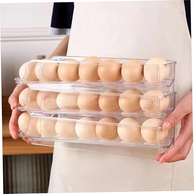 Egg Holder for Fridge 3 Tiers Egg Tray Stackable Dispenser Holds 21 Eggs Automatic Rolling Clear Plastic Fridge Organizers and Storage with Lid for Kitchen| Baskets