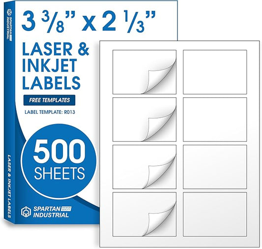 2 1/3" X 3 3/8" Matte White Printable Labels for Inkjet and Laser Printers - 500 Sheets, 4000 Custom Stickers, Name Tags, Hello My Name is Stickers, Shipping Labels - Spartan Industrial Template R013