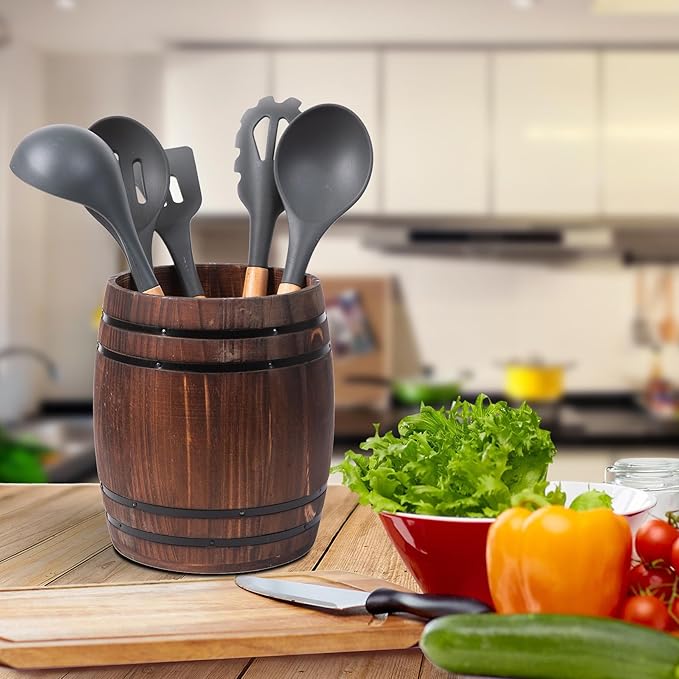 Rustic Dark Brown Wood Utensil Crock Wine Barrel Kitchen Organization Countertop Holder Black Metal Cooking Tools Culinary Gadgets Compact Storage Vintage Wooden Organizer Home Restaurant