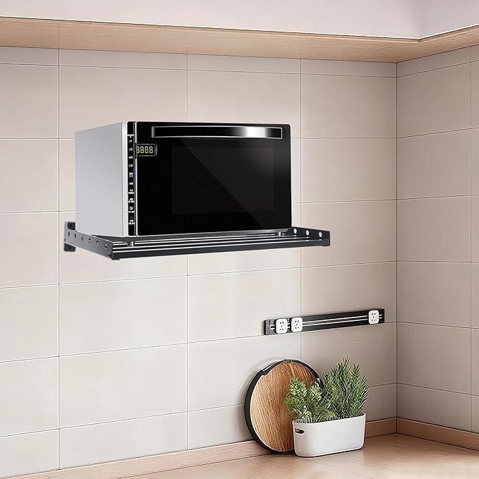Wall Mounted Microwave Oven Rack, Stainless Steel Kitchen Shelf Organizer with Hooks, 110 Lbs Capacity for Spice Jars Plates Pots, Black