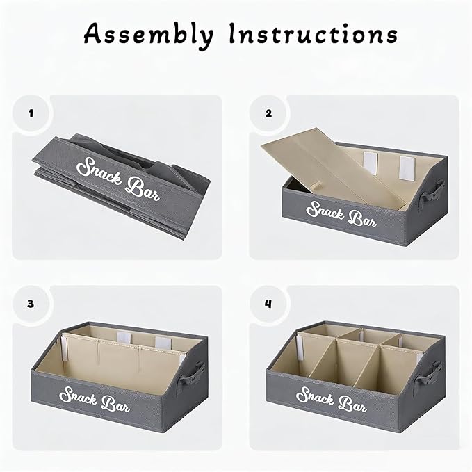 Snack Organizer for Countertop, Snack Basket with Adjustable Compartments via Velcro, 6 Compartment Food Container, Basket for Snacks with PU Handles, Gray