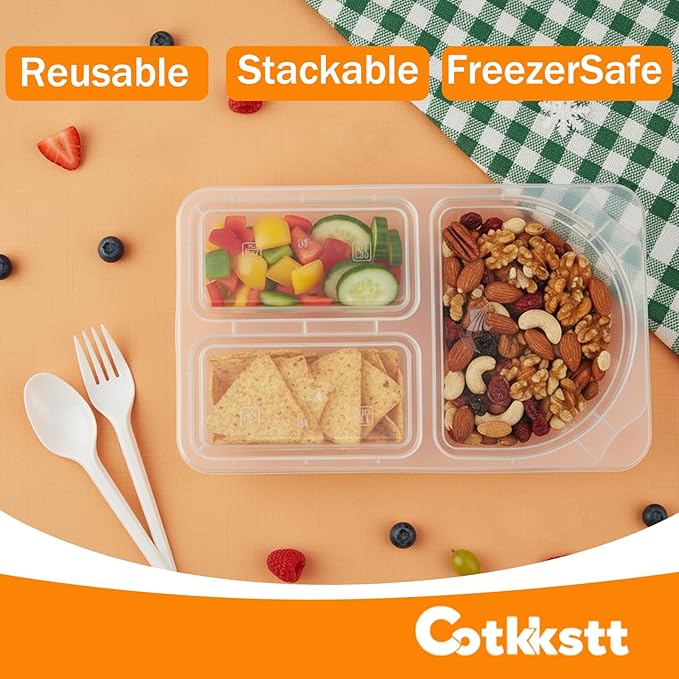 80 Pack Reusable Snack Containers with Lids, 3-Compartment Plastic Condiment Containers, BPA-Free, Small Snack Pack Containers, Dipping Cups for Work, Travel, Picnic