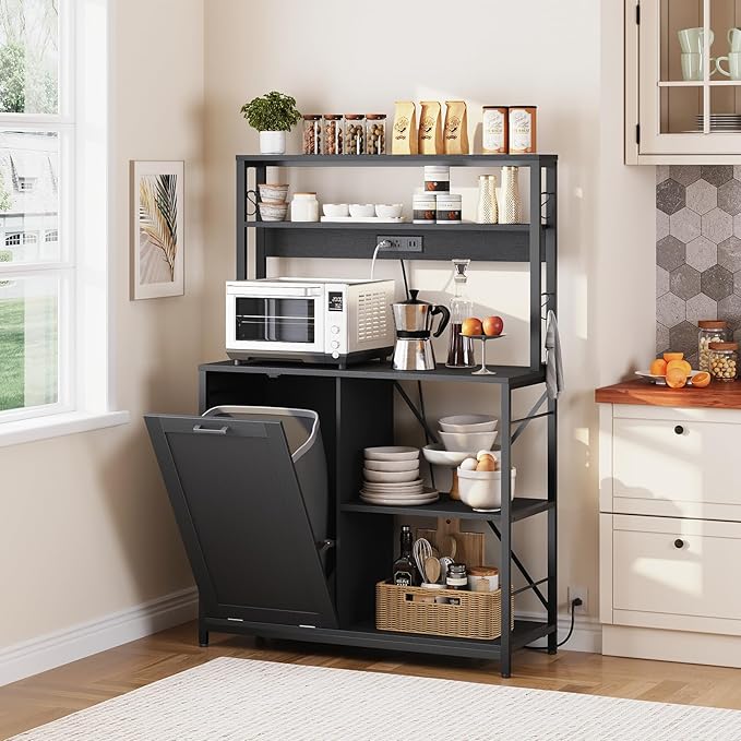 HOOBRO Bakers Rack with Power Outlet, Microwave Stand with Trash Can Bin Cabinet, 5-Tier Kitchen Storage Shelf Cabinet, Tall Coffee Bar Table Station for Dining Room, Living Room, Black BB50UHB01