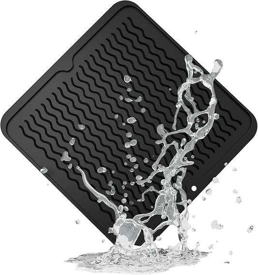 ZLR Silicone Dish Drying Mat 12" x 12" Square - Small Heat Resistant Trivet & Countertop Protector for Air Fryer, Coffee Maker - Waterproof Kitchen Drain Pad for Cups, Fruit (Black)