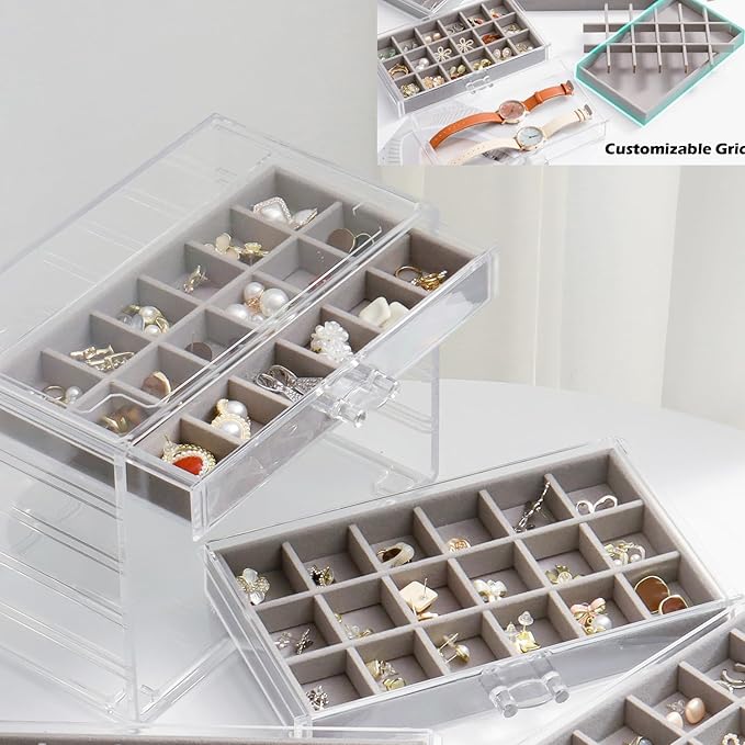 Jewelry Organizer with 5 Drawers Clear Acrylic Earring Display Case Velvet Jewelry Storage Box Display Holder for Earring Ring Bracelet Necklace (Gray, 60 Grids)