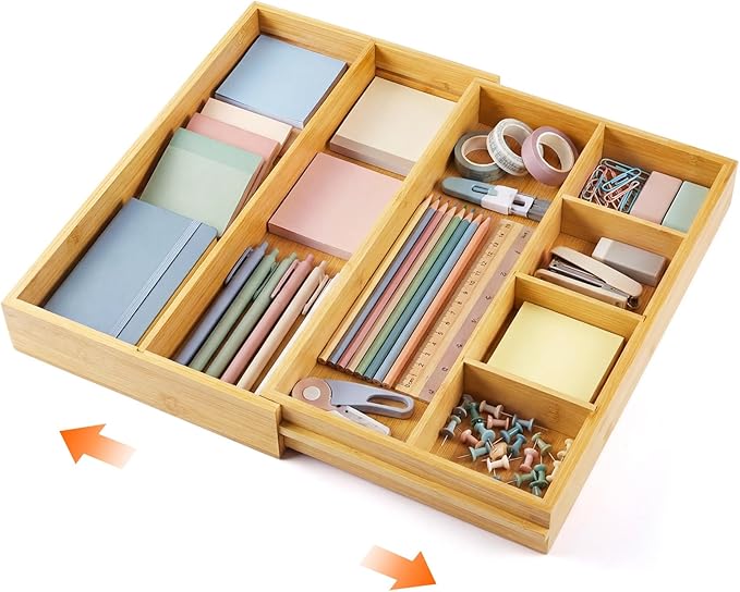 1 Pcs Bamboo Desk Drawer Organizer Wood 2 Inch Height Expandable Drawer Organizer Trays with Adjustable Compartments Desk Accessories for Makeup Silverware Office Bathroom(Stylish)