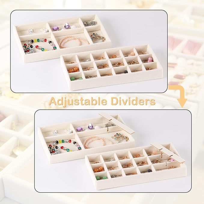 Velvet Jewelry Drawer Organizer Inserts, Set of 8 Stackable Trays with Removable Dividers, Earring and Ring Holder Display for Dresser, Storage Case for Necklace Bracelet Watch - Beige