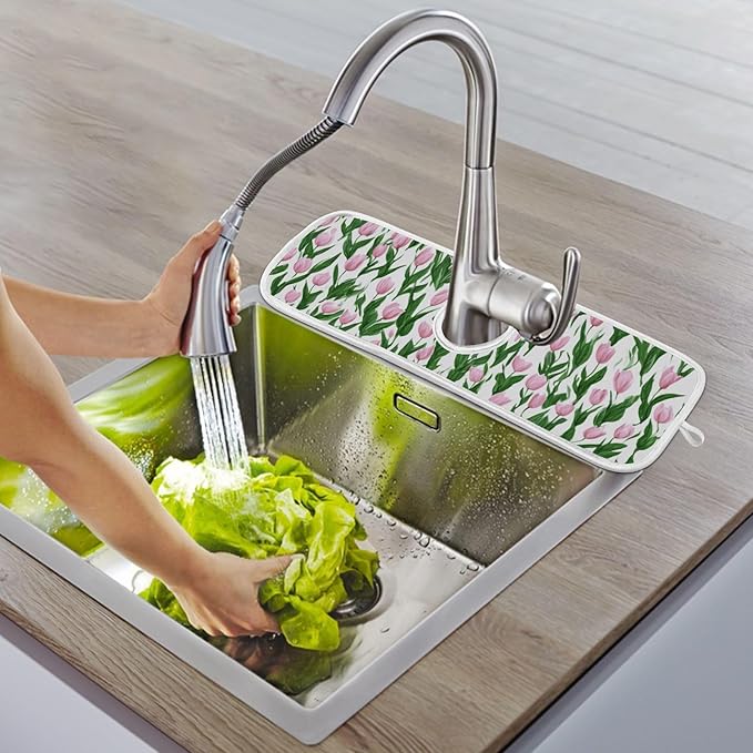 2 PCS Kitchen Sink Splash Guard 23.6 Inch Faucet Mat for Kitchen Sink Bathroom Sink Faucet Absorbing Drip Drain Mat Pad Microfiber Soft Washable Small Tulips Pink