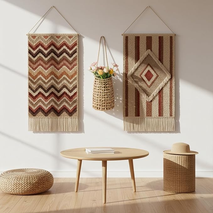 Woven Wall Hanging Basket, Boho Front Door Pocket Basket Open Weave Water Hyacinth Wall Farmhouse Decor Storage Organizer for Home Garden Pantry Kitchen