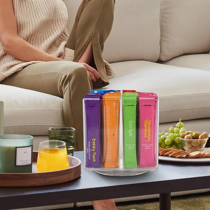 Drink Packet Organizer For Powdered Drink Mix,Powder Packet,Water Packet,Water Flavor Packet,Lazy Susan Organizer for Drink Mix Rotating Holder for Drink Mix Necessities（Square）