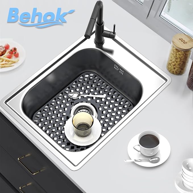 BEHOK Silicone Sink Protector for Kitchen Bathroom Sink, 2 Pack 13.58"x 11.6" Heat-resistant Mat, Non-Slip and Durable Silicone Protectors, Center Drain (Gray)