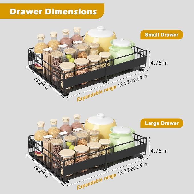 REALINN 2 Pack Pull Out Cabinet Organizer, Expandable(12"-20") Slide Out Drawers 3 Slide Rails Fix with Adhesive or Screw, Roll Out Shelves for Kitchen Cabinet Organization, Black, 12cm height