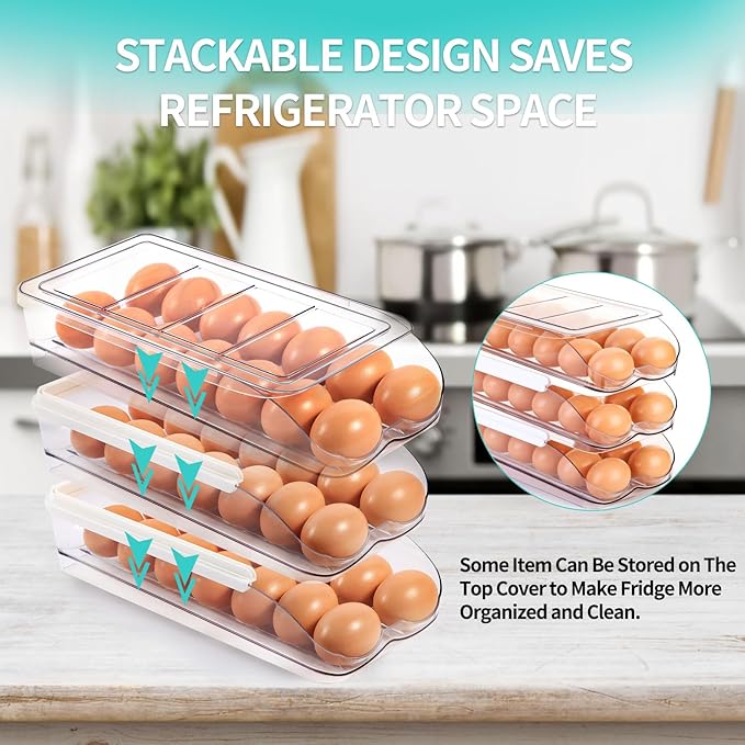 Egg Holder for Fridge, Automatically Rolling Egg Container for Refrigerator, Clear Plastic Fridge Organizers and Storage with Lid, Stackable Egg Dispenser & Tray (3 Tier)