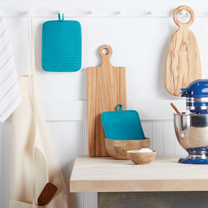 KitchenAid Ribbed Soft Silicone Pot Holder 2-Pack Set, Ocean Drive Blue, 7"x9"
