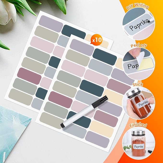 Segarty Labels for Food Containers, 240 Pcs Colorful Blank Label Stickers with 1 Black Pen to Wrtie On, Reusable Removable Pantry Stickers for Glass Spice Jars, Bottles, Mason, Kitchen Organizing