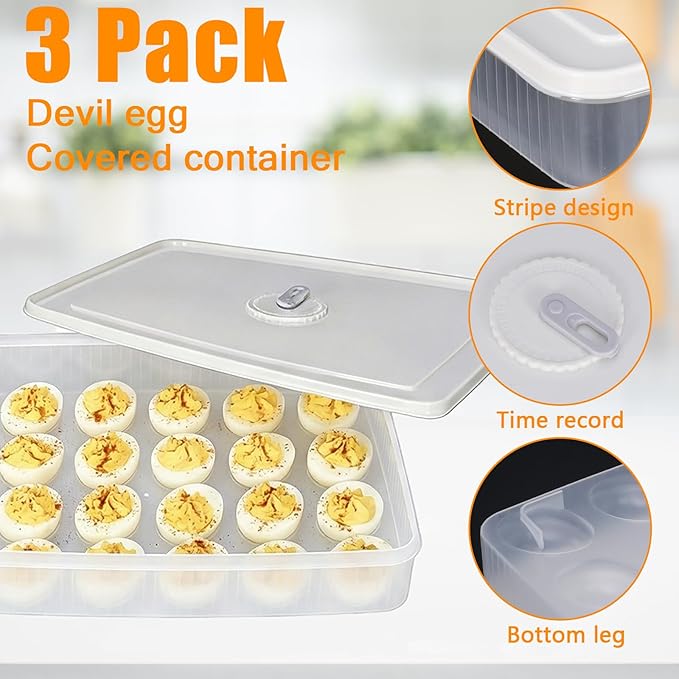 3Pack Deviled Egg Containers with Lid,Plastic Egg Container for Refrigerator with Handle,Deviled Egg Carrier for 72 Eggs,Kitchen,Festival Party, Stackable Egg Holder for Fridge (White)